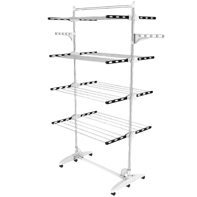 Étendoir à Linge, 4 Étagères (Ailes/Barre Supérieure, Noir/Blanc)