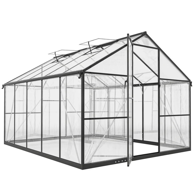 Serra per Orto 304x247x205 cm con Porta a Battente e 2 Finestre Regolabili in PC e Alluminio Nero