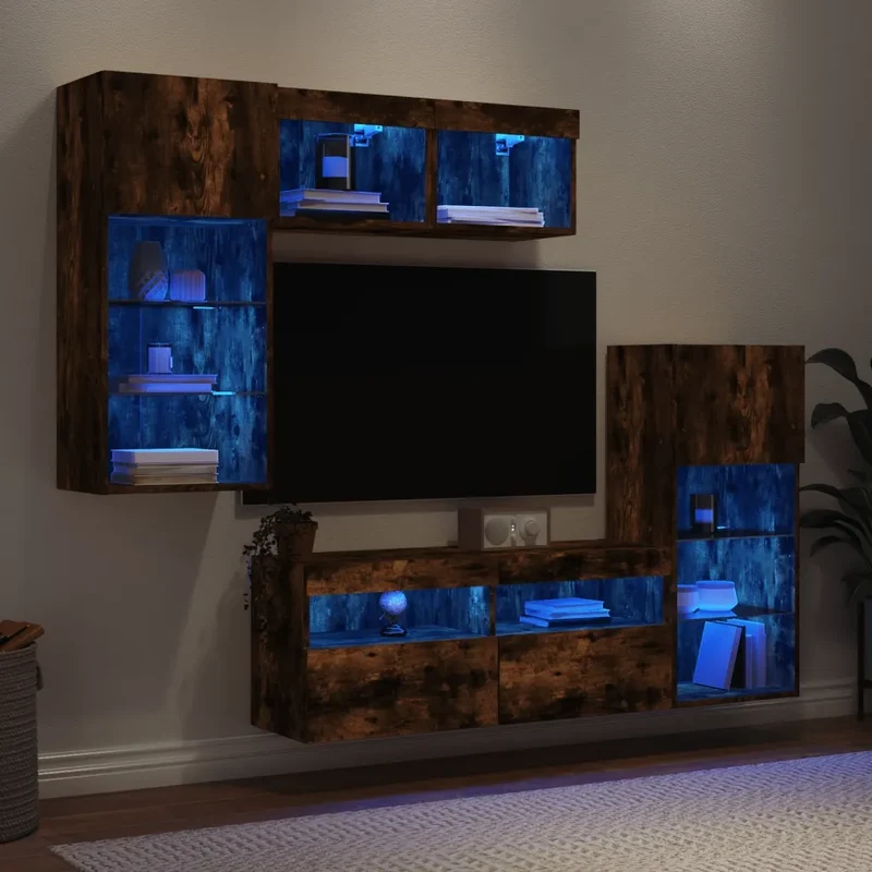 Mobili TV a Muro con LED 5pz Rovere Fumo in Legno Multistrato 3216729