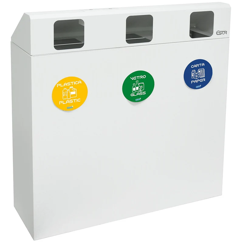 Pattumiera per Raccolta Differenziata 3 Scomparti 180 L 90x30x96 cm in Acciaio Verniciato Bianco