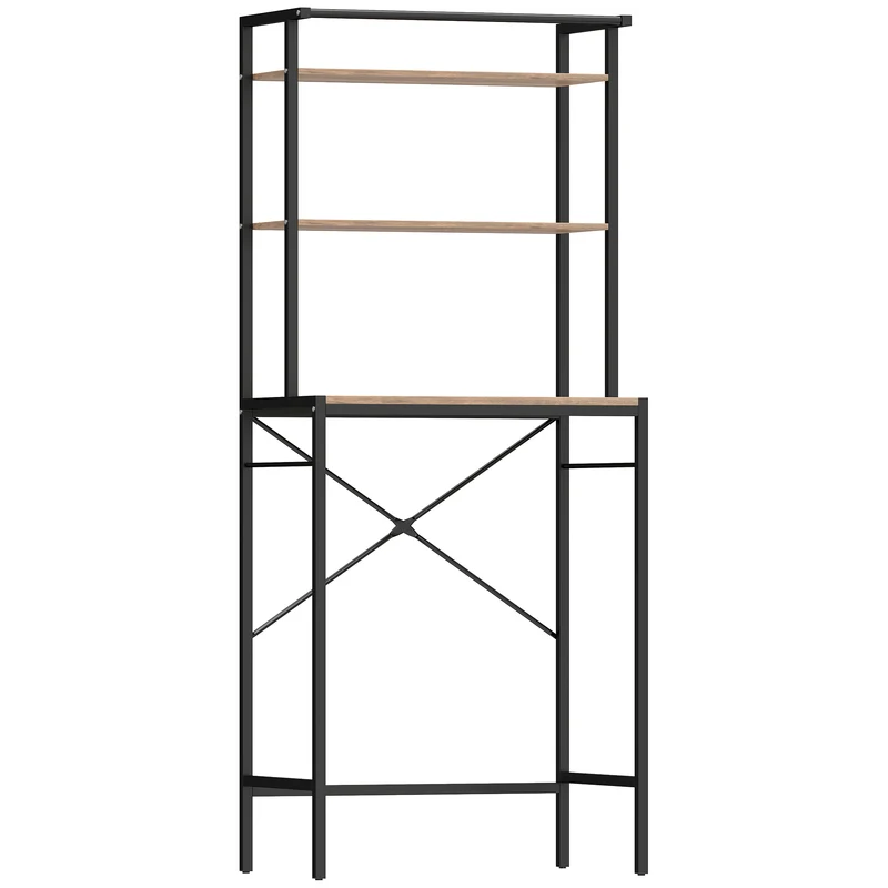 Mobile Sopra Lavatrice 67x40x161,8 cm a 3 Ripiani con Barra Appendiabiti in Legno e Acciaio Marrone e Nero
