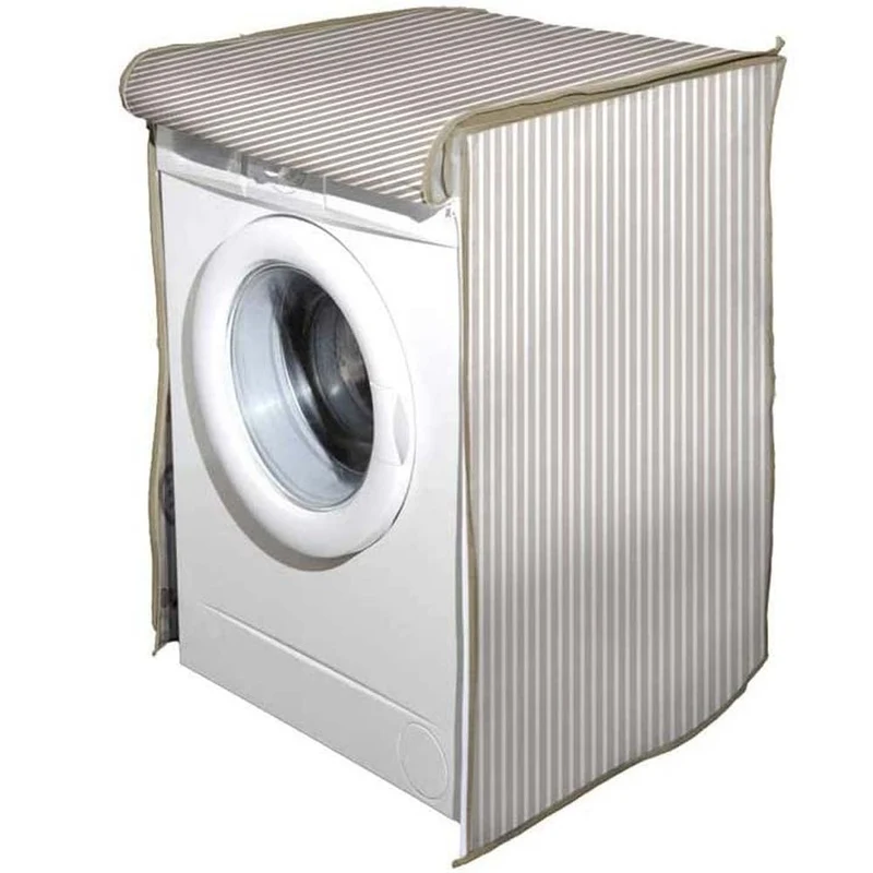 Telo Copertura Lavatrice 60x60x80 cm Protezione con Chiusura Zip in Tessuto a Righe Tortora