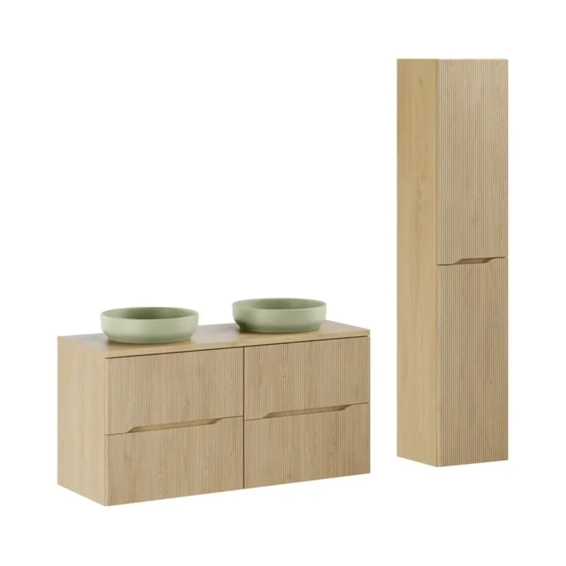 Insieme NATURA 155cm : mobile sottolavabo 60cm + piano per lavabo + lavabi da appoggio rotondi verdi + colonna
