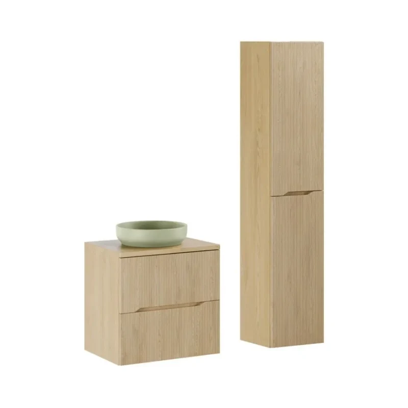 Insieme NATURA 95cm: mobile sotto lavabo 60cm + piano per lavabo + lavabo da appoggio rotondo verde + colonna
