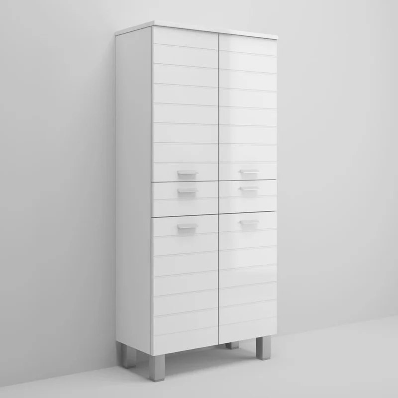 Mobile colonna armadietto da bagno in legno bianco laccato lucido con 4 ante e 2 cassetti con chiusura silenziosa assistita