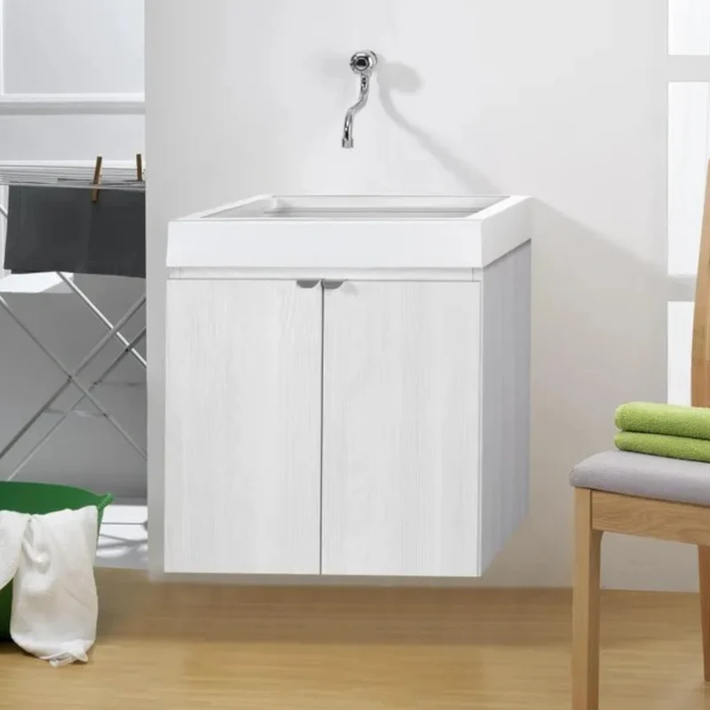 Mobile lavatoio sospeso da parete 60x50x65 cm pensile da interno con struttura in legno nobilitato finitura olmo perlato e vasca in resina con bordo alto