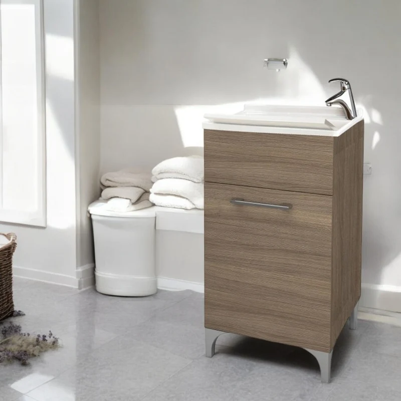 Mobile lavatoio 45x50x83 cm con struttura in legno rovere fumo lavabo in resina resistente e piedini regolabili