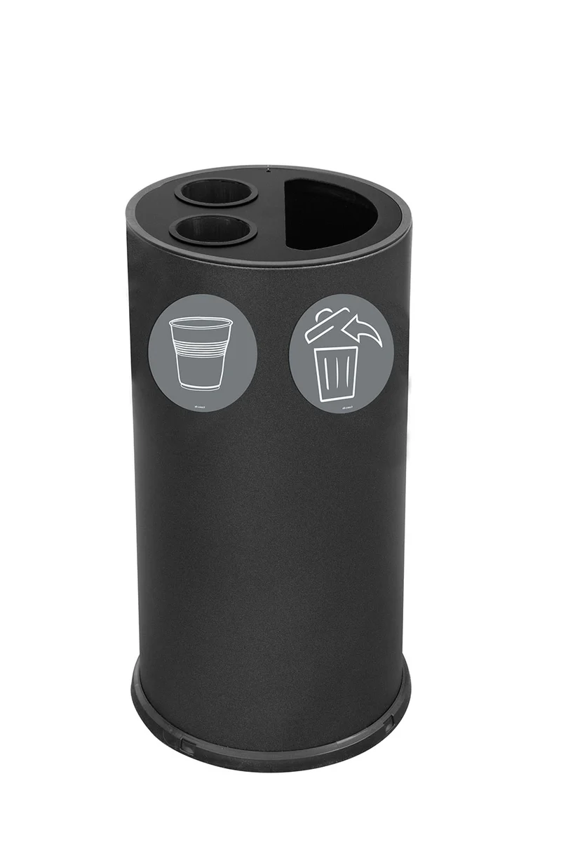 Pattumiera a Bidone per Raccolta Differenziata Ø35x72 cm 2 Scomparti Tubolari e 1 Scomparto da 35 L in Acciaio Verniciato Nero
