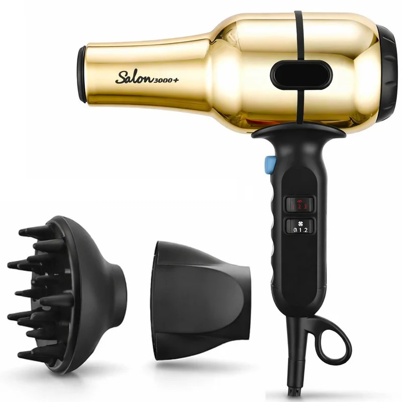 Asciugacapelli Professionale 2000W con Diffusore e Beccuccio Styling per Asciugatura Rapida Oro