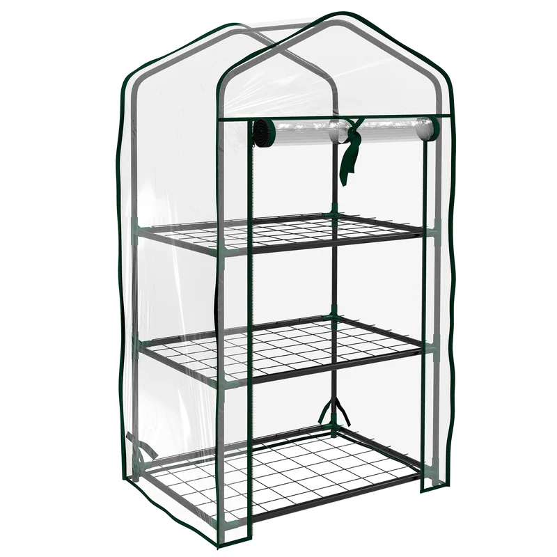 Mini Serra da Giardino 59x39x127 cm con Copertura 3 Ripiani e Porta Avvolgibile in PE Trasparente
