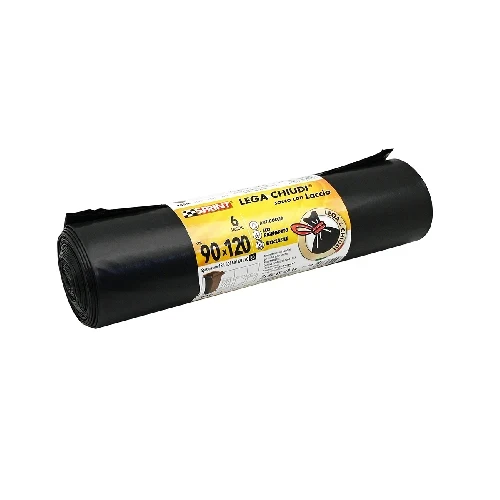 6 pz sacchi spazzatura lega e chiudi c/laccio 80 my nero cm 90 x 120