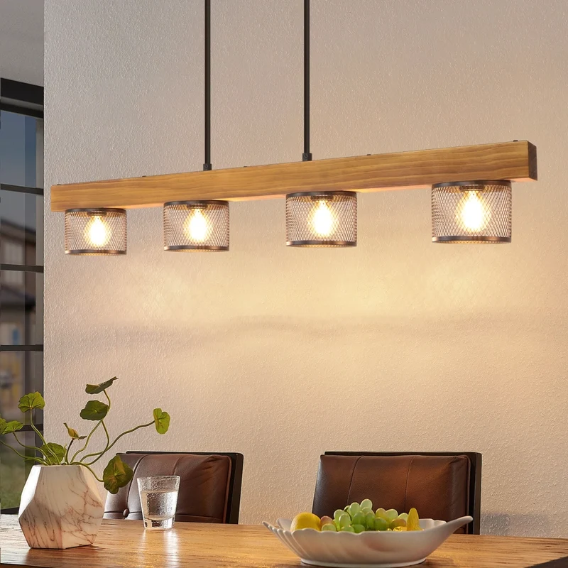 ZMH Lampada a Sospensione Vintage in Legno Nero 4 Luci con Trave in Legno E14 per Sala da Pranzo Senza Lampadina