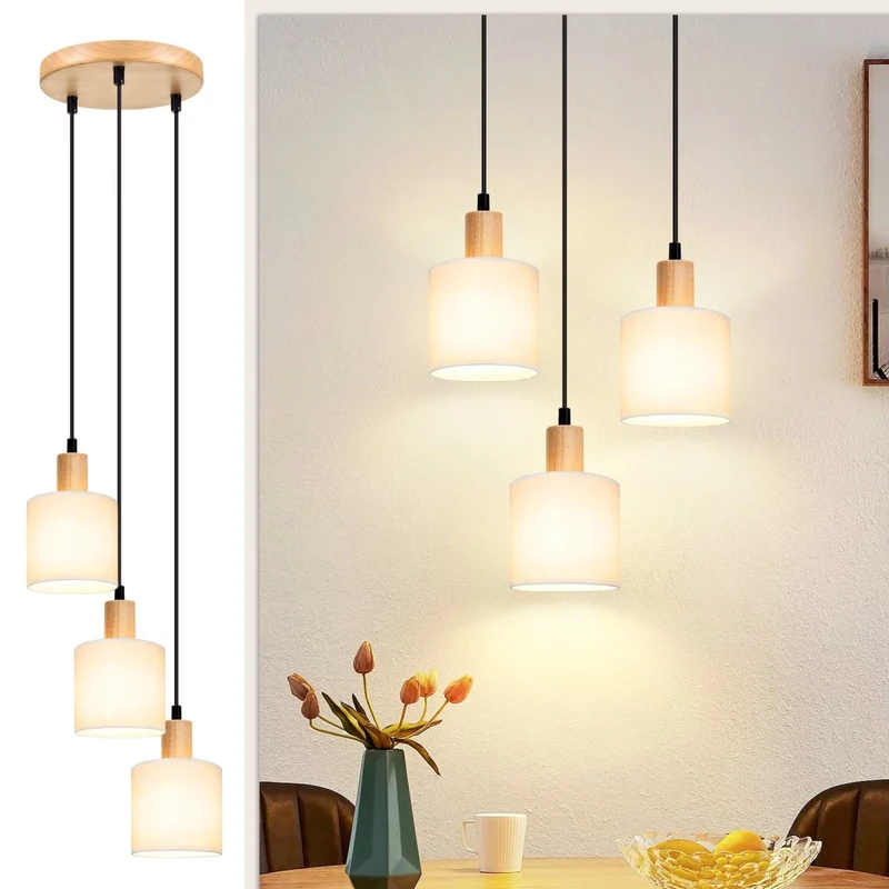 Lampada a sospensione ZMH legno bianco diametro 20 cm E14 stile retr¨° 3 lampadine rotonde per sala da pranzo e cucina