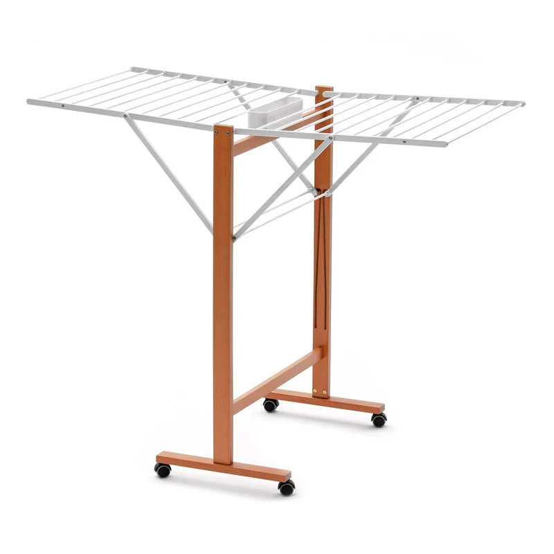 ARIT RONDINE - Stendibiancheria, Stendino Legno, Pieghevole, Corda da bucato da 13 m, Cesto per mollette, Legno, Ciliegio