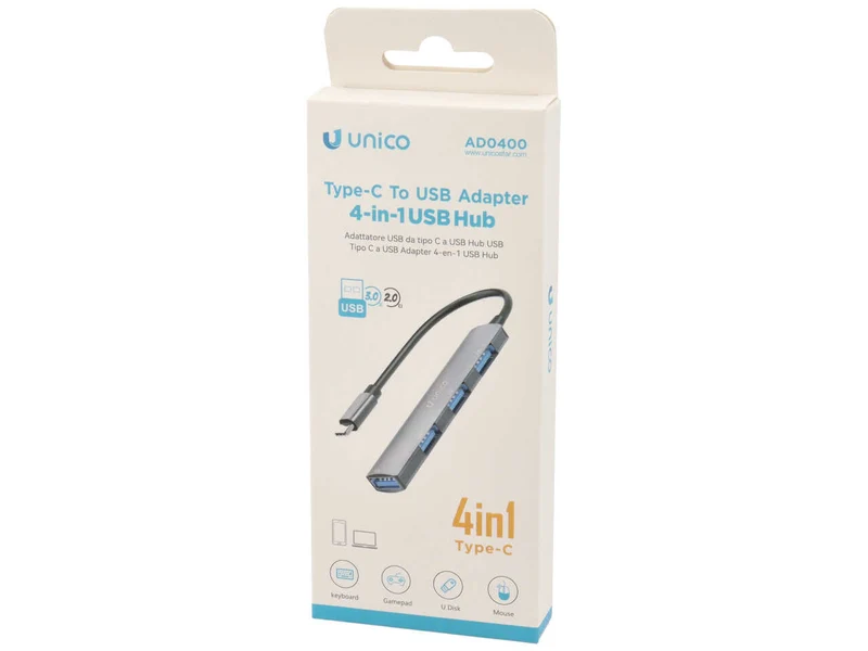 Adattatore tipo C a USB 4in1 - AD0400 grigio canna di fucile - Materiale in lega di alluminio, ABS, TPE e rame - Lunghezza 11 cm - Unico
