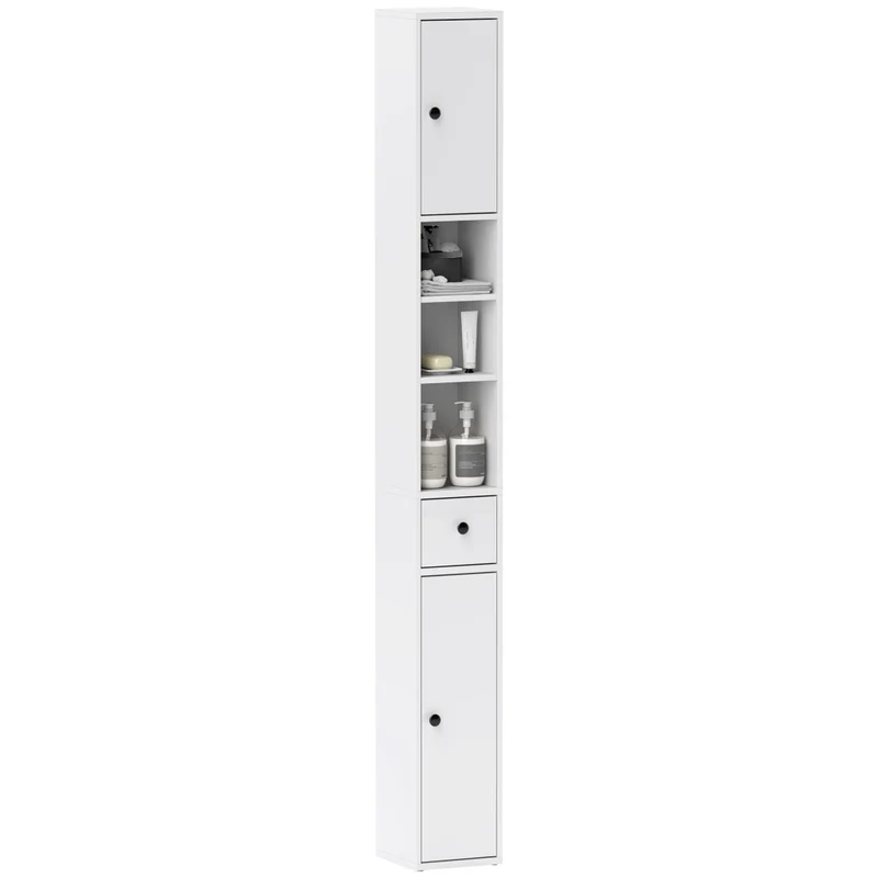 Colonna Bagno Salvaspazio 20x20x178 cm con Armadietti Ripiani Aperti e Cassetto in Legno Bianco