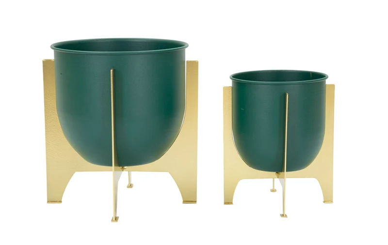 Porta Vasi Grent Shet Set 2 Pz Ø24,5x26 cm - Ø19x21 cm in Ferro Verde e Oro