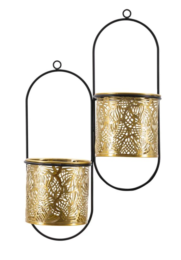 Porta Vaso da Muro Doppio Hong 27x14x48 cm in Ferro Nero e Oro