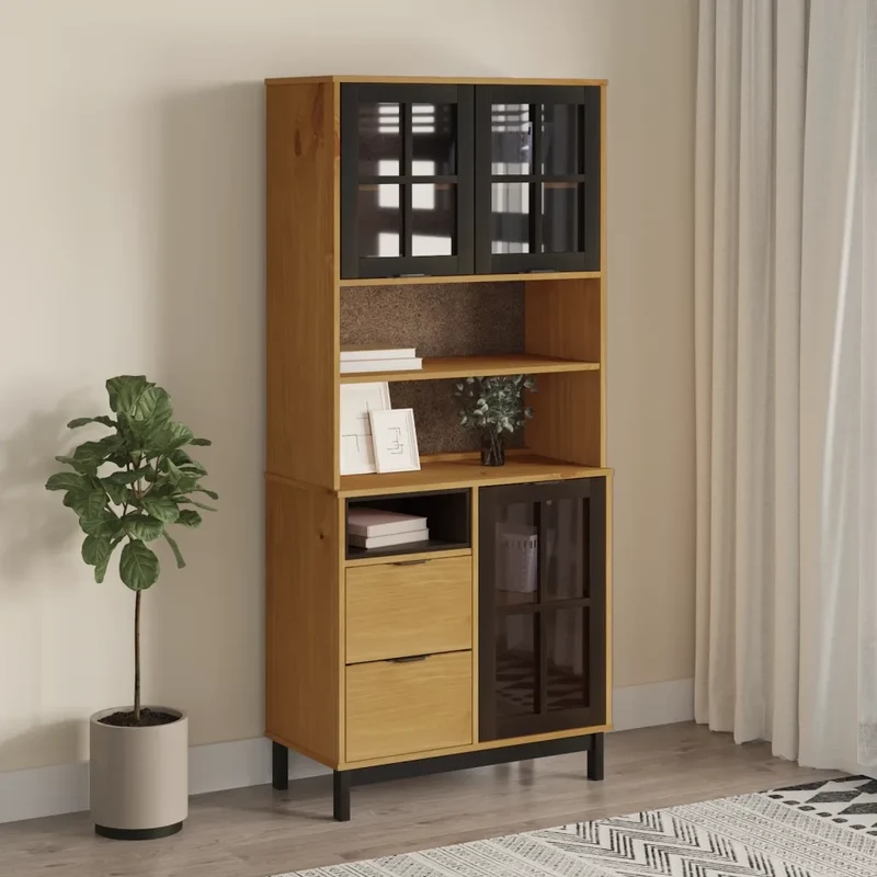 Credenza con Anta in Vetro FLAM 80x40x180 cm in Legno di Pino 3196553