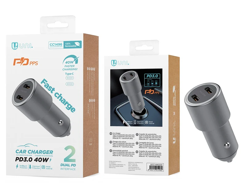 Caricabatteria per auto grigio 2 USB, potenza 20W, CC1496 - Unico