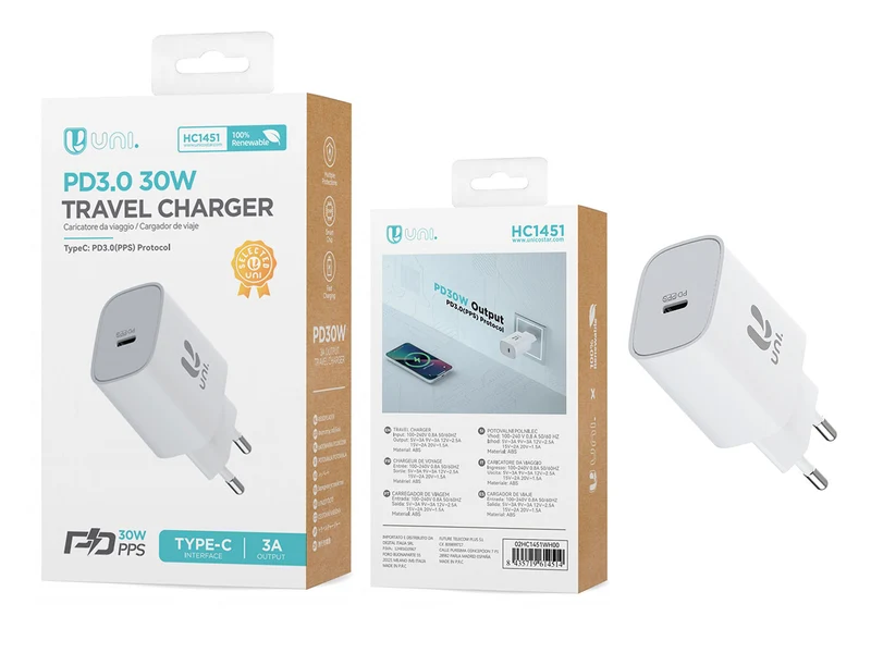 Caricatore da viaggio bianco 1 USB, type C HC1451 - in abs - Unico