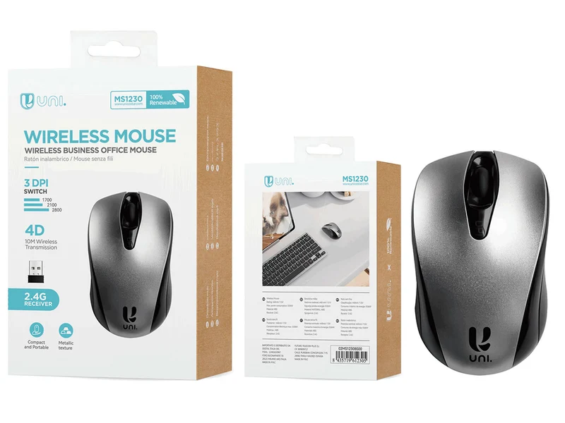 Mouse wireless 2.4G 4 tasti nero/argento - distanza di trasmissione 10m, materiale ABS - Unico