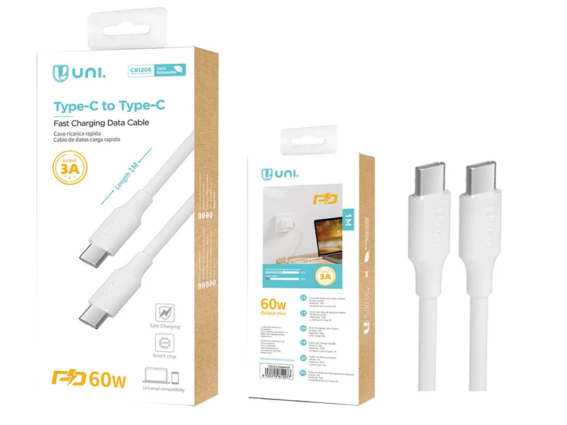 Cavo di ricarica rapida 1 m, CB1206, bianco, type C a type C - Unico