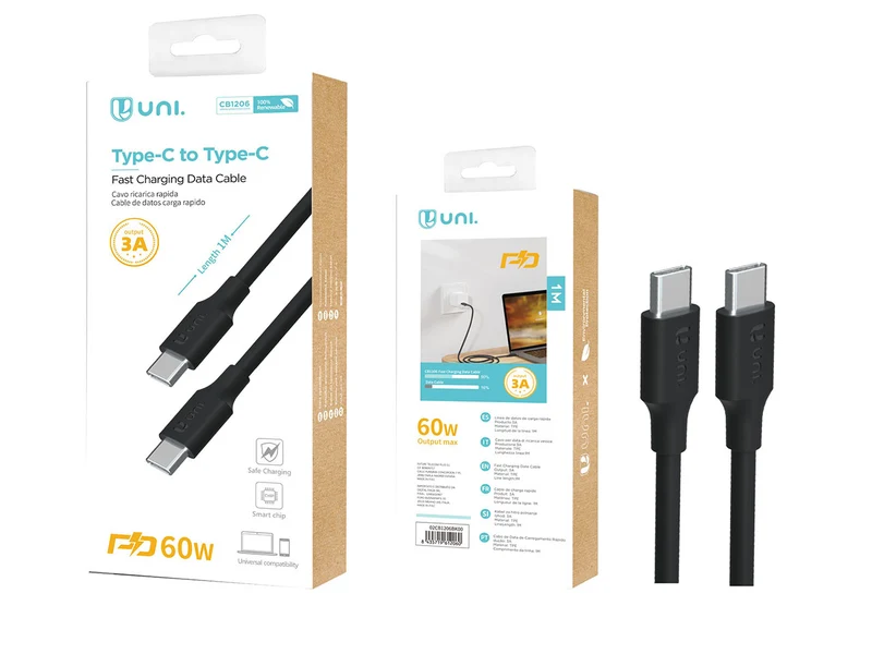 Cavo di ricarica rapida nero CB1206 da 1mt, type C a type C - compatibilitÃ universale - Unico